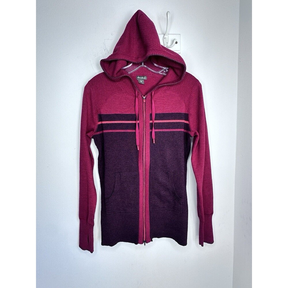Eddie Bauer Engage Red Ribbed Knit Two Way Zip Hoodie Medium Nordic Celtic Knit